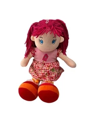 PMT Holdings Handmade Rag Doll 18" Plush Toy Pink Hair Gingham Dress Cloth