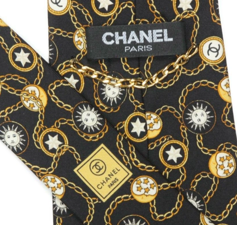 CHANEL Celestial Sun Moon Stars Logo Black Gold Chain Link Men's Silk Neck Tie - Image 4 of 4