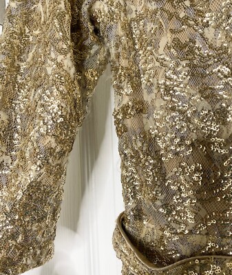 DAVID MEISTER Gold Metallic Sequin Lace 3/4 Sleeve Belted Mermaid Dress Gown  8 M | eBay