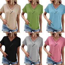 Women's Casual Summer T Shirts Solid Short Sleeve Button V Neck Tops Blouse