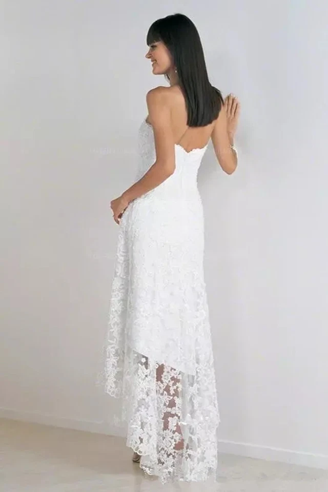 Simple Hi-Low Lace Beach Wedding Dress Strapless Bridal Gowns White Dancing New - Image 3 of 4