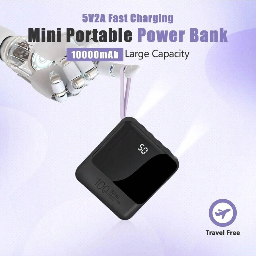 Power Bank 10000mAh Mini Portable – Fast Charging, Built-in Cables, LED Light