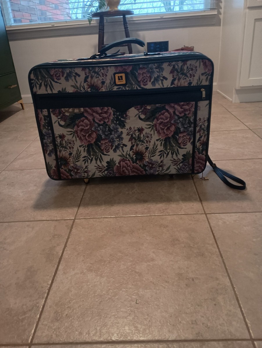 Vtg 80s LEISURE Luggage Pink Floral Tapestry Suitcase on Rollers
