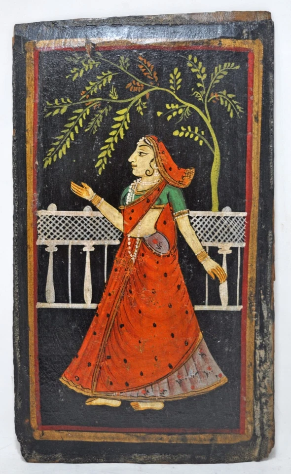 Painel de parede antigo de madeira para mulher pintura de senhora original antigo fino pintado à mão - Imagem 3 de 4