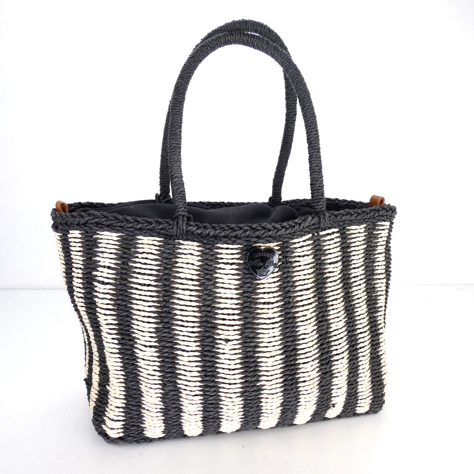Straw Tote Bag Striped Black White Drawstring Summer Holiday Handbag Beach - Image 3 of 4