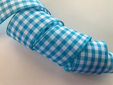 Turquoise Blue and White Gingham Ribbon, 2 1/2 Inches Wide, Wired Edge, 5 YARDS
