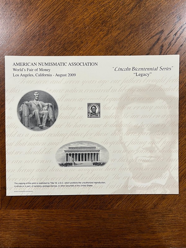 BEP Intaglio Print Souvenir Card B295 Mint Card ANA - Lincoln Series: Legacy