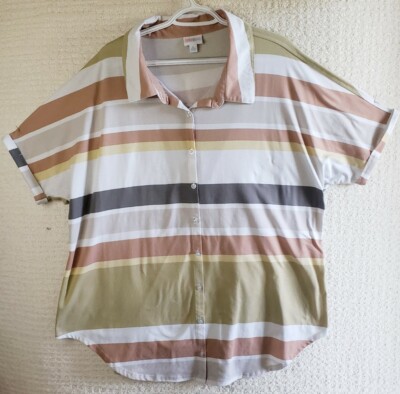 LuLaRoe Top Women's XL Short Sleeve Striped Multicolor Pointed Button Collar
