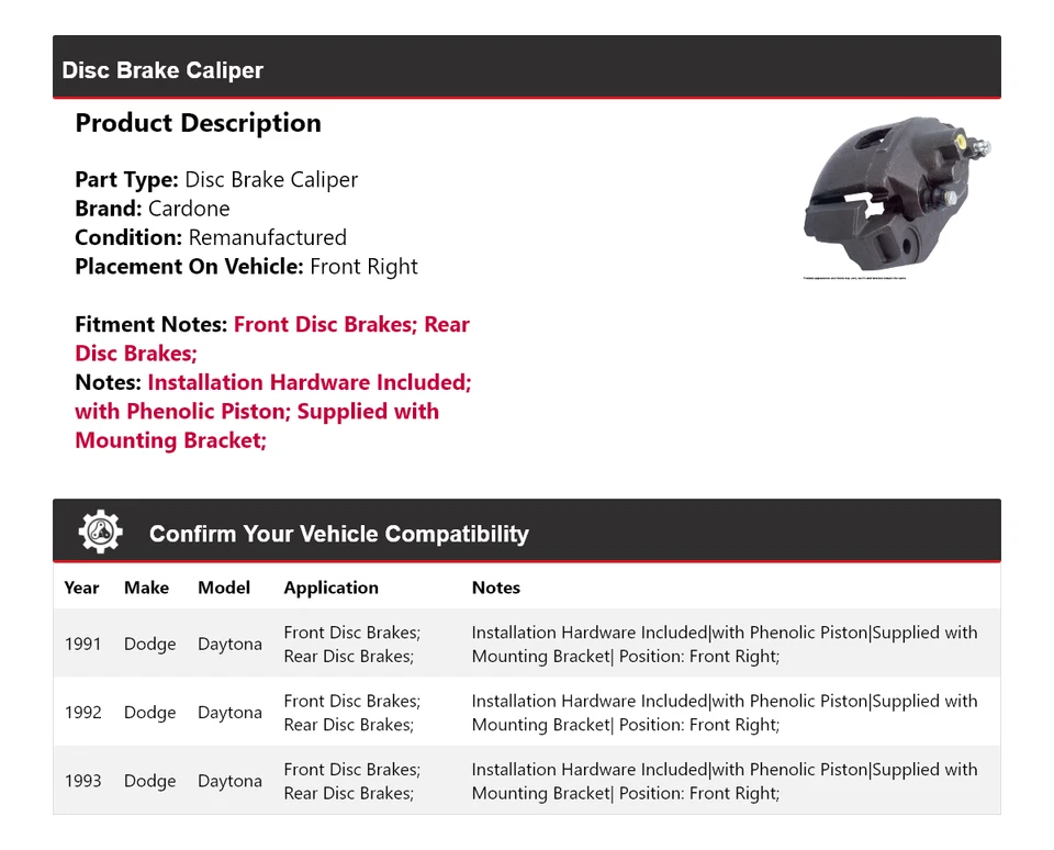 Pinza de freno de disco delantera derecha Cardone 1992 para Dodge Daytona 1991-1993 Foto 2 de 4