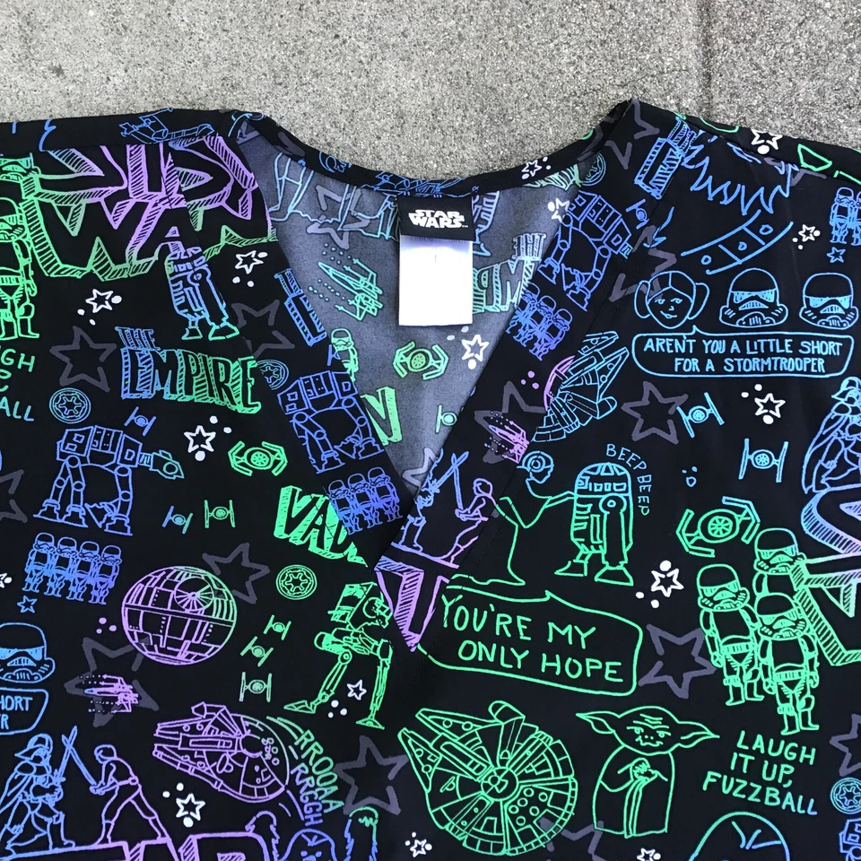 Star Wars Scrubs Men Large R2D2 Luke Stromtroopers Black Lightsaber Top Shirt - Image 3 of 4