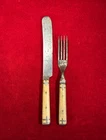 SCARCE CIVIL WAR ERA SOLDIER'S BONE / PEWTER HANDLE KNIFE & FORK / MAKER MARK