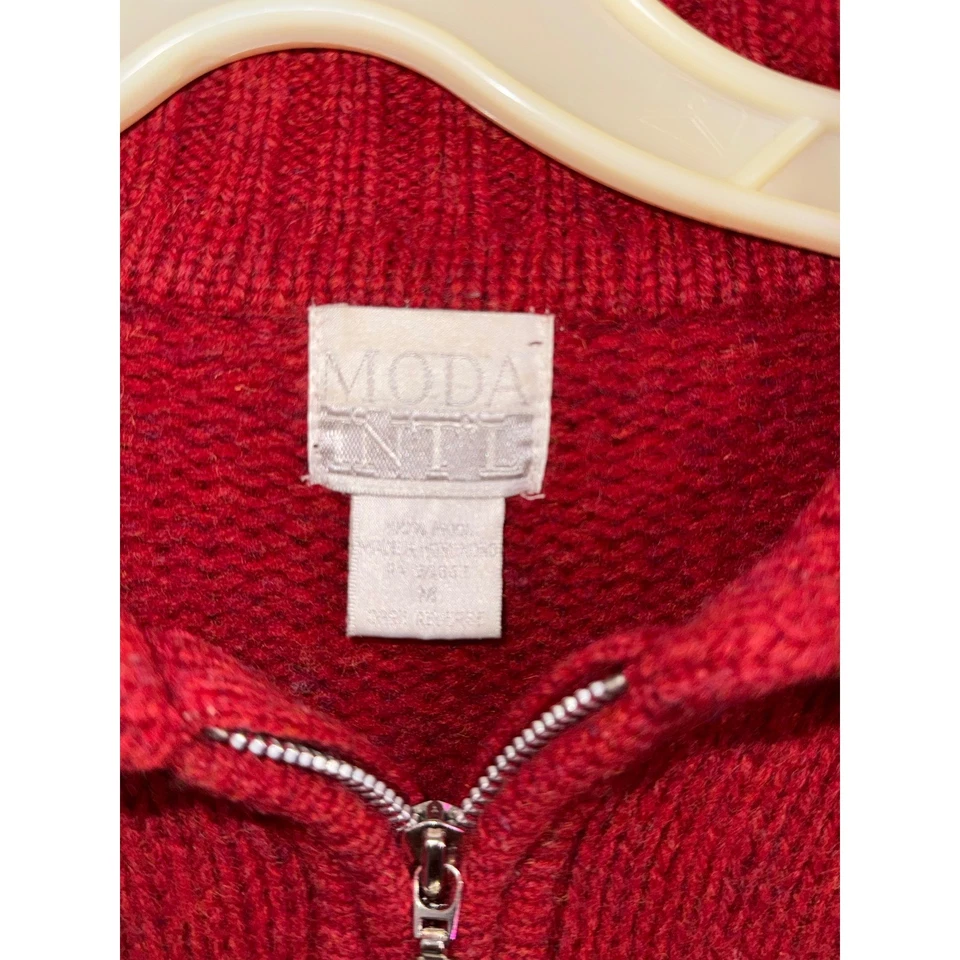 Suéter Pullover Vintage MODA INTL Rojo Tejido Cuarto Cremallera Cuello M 100% Lana Foto 2 de 3