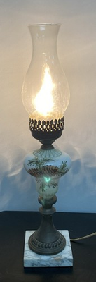 #ad VTG Mcm Electric Table Lamp Milk Glass Hand Painted Marble Base w Chimney 21quot;T $17.49