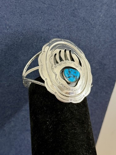 RUNNING BEAR Sterling Silver Turquoise Bear Paw Cuff Bracelet; 42g; 7.75-8”
