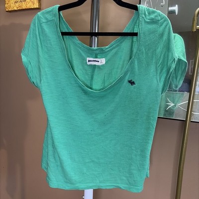 Abercrombie Fitch Relaxed Fit Crop Top Baby Tee Shirt XS Green Logo Y2K Sporty