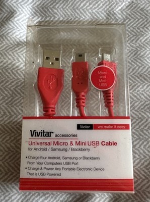 Red Vivitar Universal Micro & Mini USB Cable Android Samsung And BlackBerry