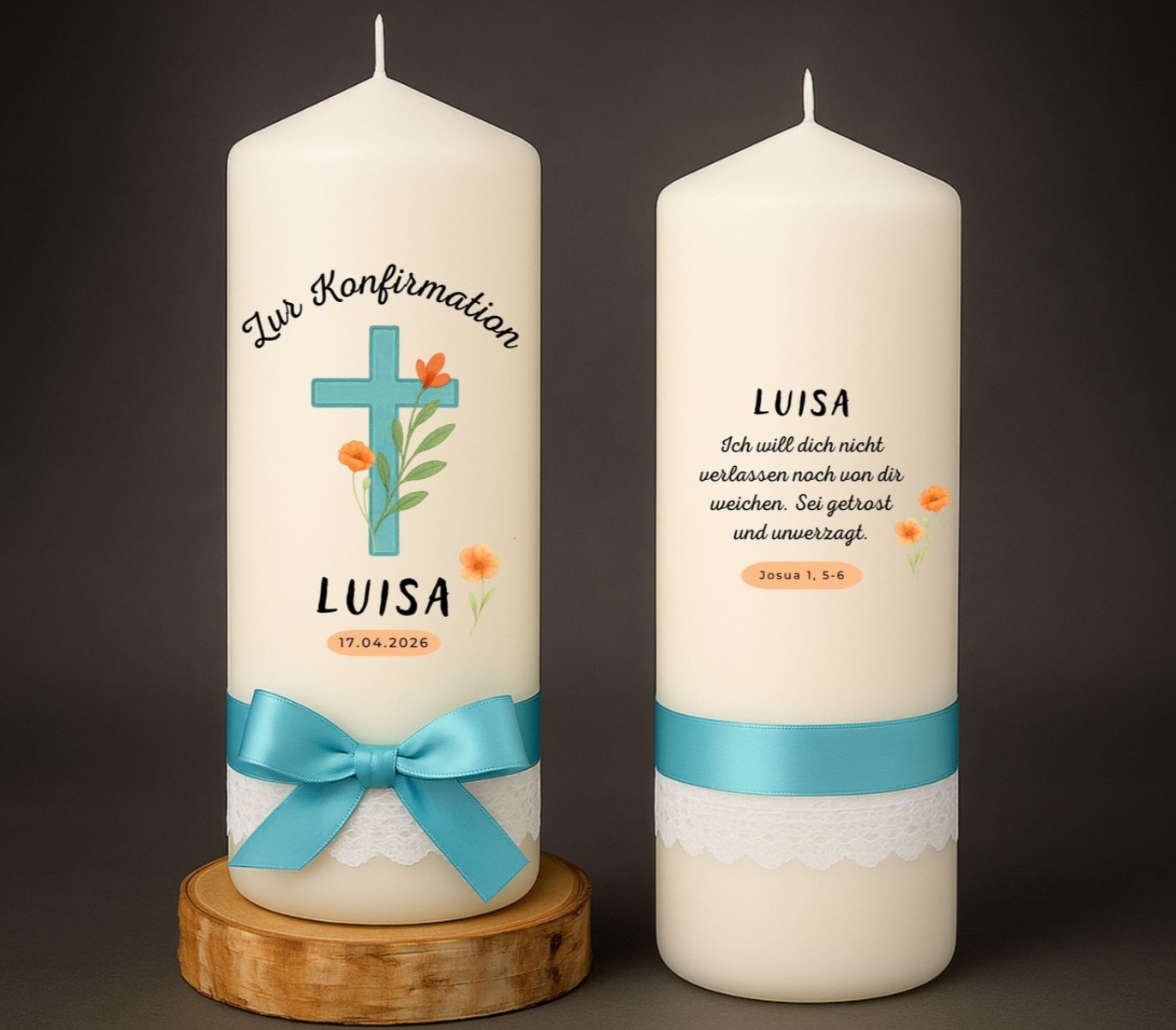 Konfirmationskerze Kreuz türkisblau Jungen und Mädchen 23cm mit Namen und Spruch