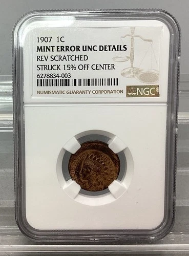 1907 Indian Head Cent Penny - NGC - Mint Error UNC Details - Rev Scratched