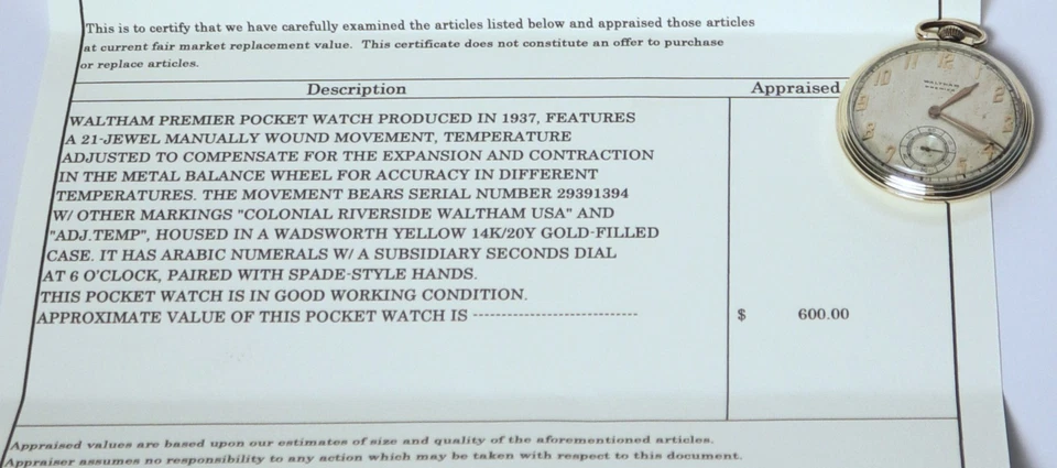 Антикварные карманные часы 1937 Waltham Premier - заполненные золотом 14 карат - сертифицированные - рабочие - Изображение 4 из 4