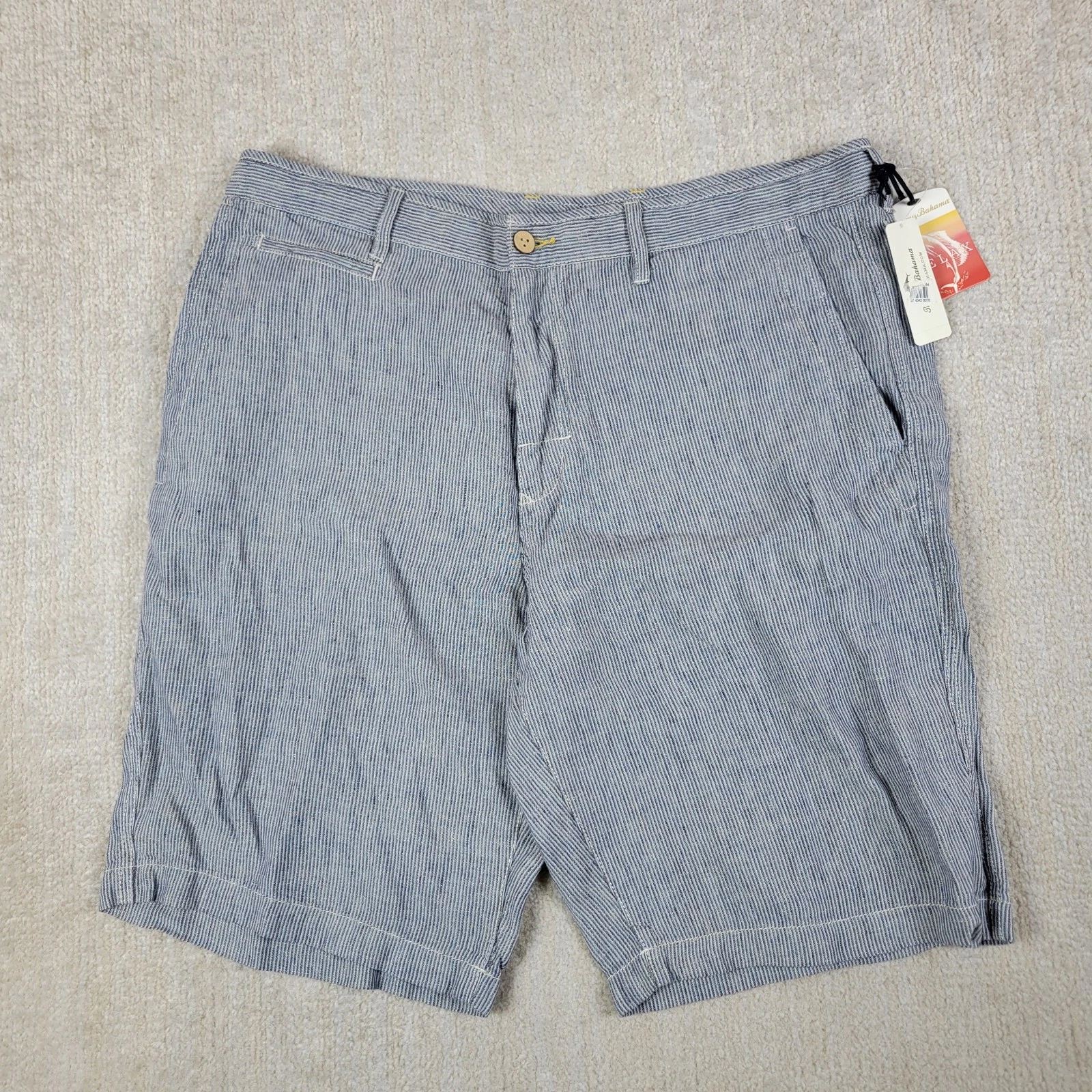 Tommy Bahama Relax Linen Shorts Mens 38 Blue White Hickory Striped Beach 10"