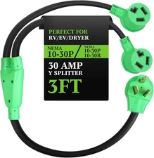 Kanayu 3 Prong NEMA 10-30 Dryer Y Splitter for Dryer and EV, NEMA10-30P Male to 