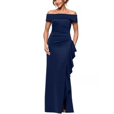 NWT Xscape Navy Off Shoulder Formal Gown Navy Ruching Slit Size 16