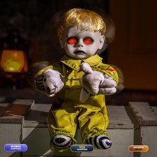 Halloween Animatronic 10inch Creepy Boy Doll Sound Light Up Eyes Indoor Outdoor