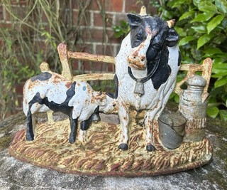 Vintage Good Weathered Cast Iron Dairy Cow & Churn Door Stop Interior Garden Art