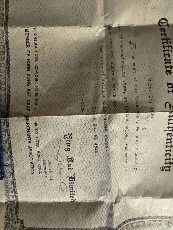 Antique Chinese Qing Dynasty Embroidered 100 Years Old Purse/Authenticity Cert. - Image 2 of 4