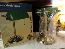 Vintage New Old Stock Brass Desk Lamp Banker's Lamp Green  White Glass Shade