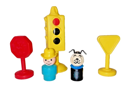 Fisher Price Little People Vintage Wood Farmer & Dog Plastic Traffic Light Signs