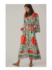 Farm Rio Green Red Poppy Print Maxi Floral Balloon Sleeve Cinched Waist BOHO