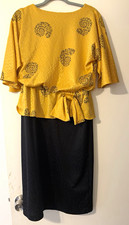 Vtg T & F Women's Abstract Sheath Dress 12 Gold/Black Boat Neck Belted Tie Knee