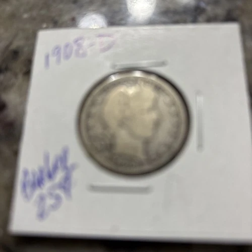 1908 D Barber Liberty Quarter Dollar 25c Coin 90% Fine Silver Circulated