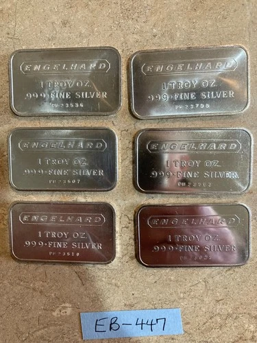 6 ENGELHARD 1 OZ. .999 FINE SILVER BARS