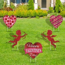 5Pcs Valentine's Day Yard Signs with 10Pcs Stakes Red Love Heart Cupid Lawn Sign