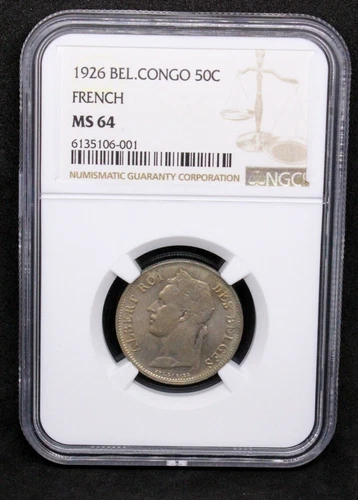 1926 50 Centimes Belgian Congo French Legends NGC MS64 Top Pop
