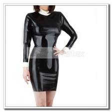 Latex Dress Long Sleeves Black Lady Fitted Sliming Skirts Customized 0.4mm D16
