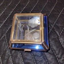 Vintage brass etched flower glass trinket box with domed lid hints to tone blue