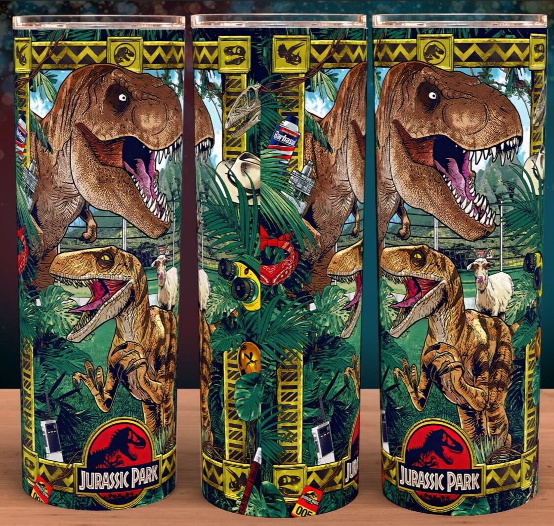 Jurassic Park T-Rex and Raptor Comic Style Cup Mug Tumbler 20oz