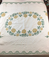 Vintage Quilt Yellow Roses Full/Queen Hand Embroidered 62x88