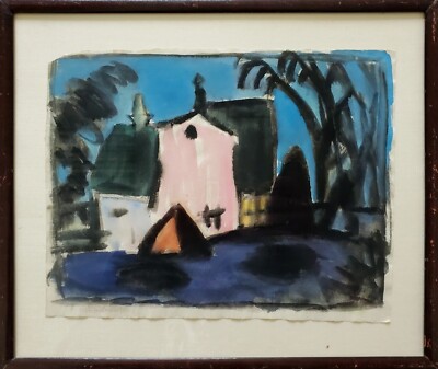 Gemälde Aquarell Landschaft Saint Palais Häuser Bäume Gerda Henning Nachlass