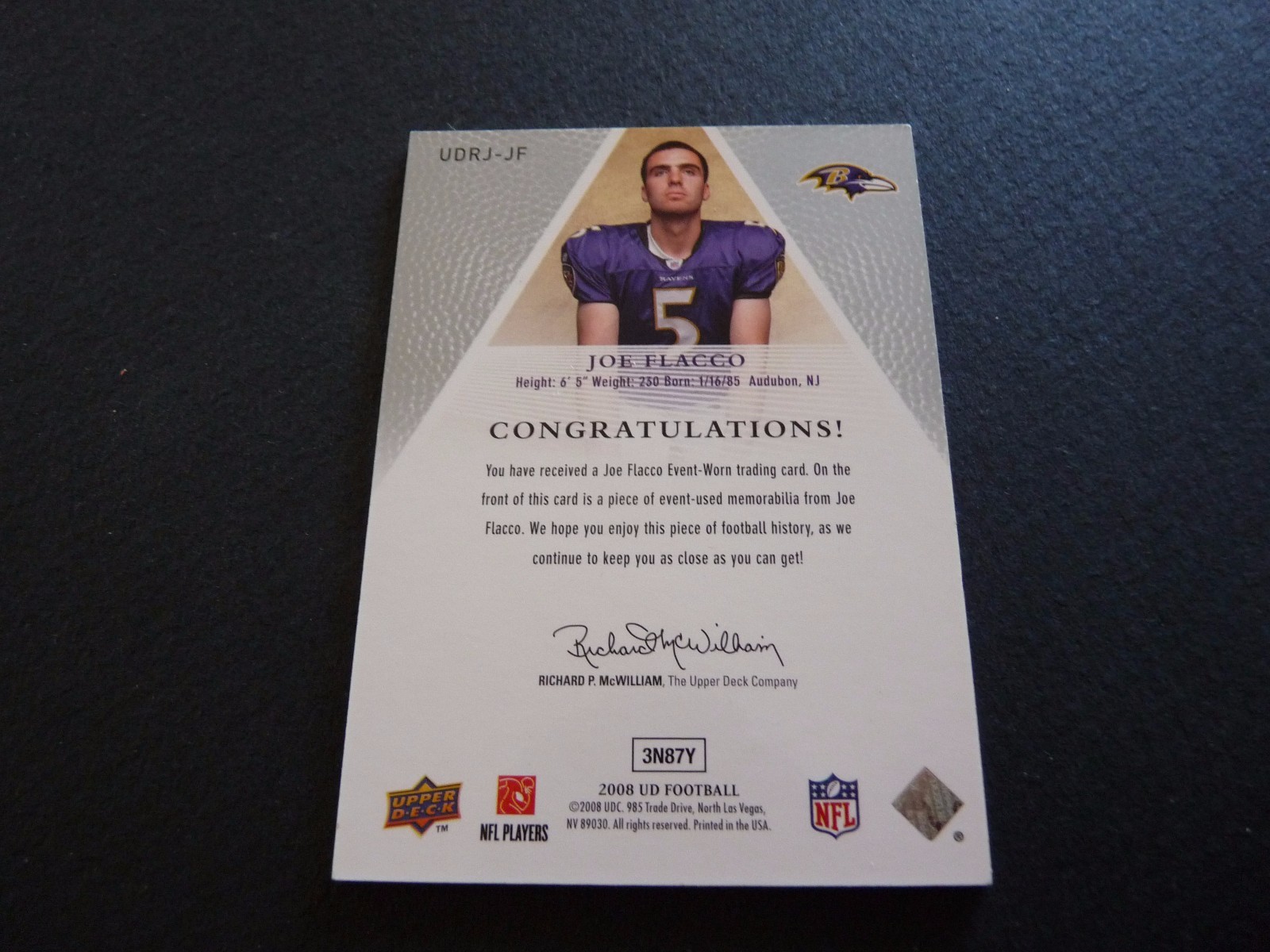 Joe Flacco 2008 Upper Deck Game Used Football Jersey Card UDRJ-JF view 2