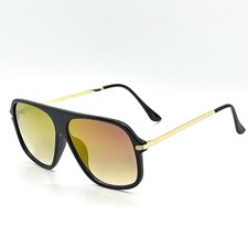 Sunglasses Men Retro Flat Top Bar Black Lens Gold Frame Comfortable Driving New