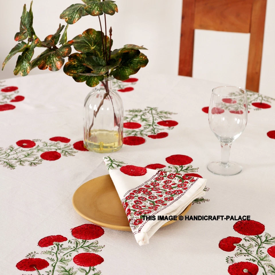 Nappe Ronde En Coton Floral Blanc Rouge Avec Un Ensemble De Serviettes - Photo 4/4