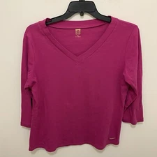 Anne Klein Women’s Blouse Top Pink XL Solid Long Sleeve V Neck Pullover Active