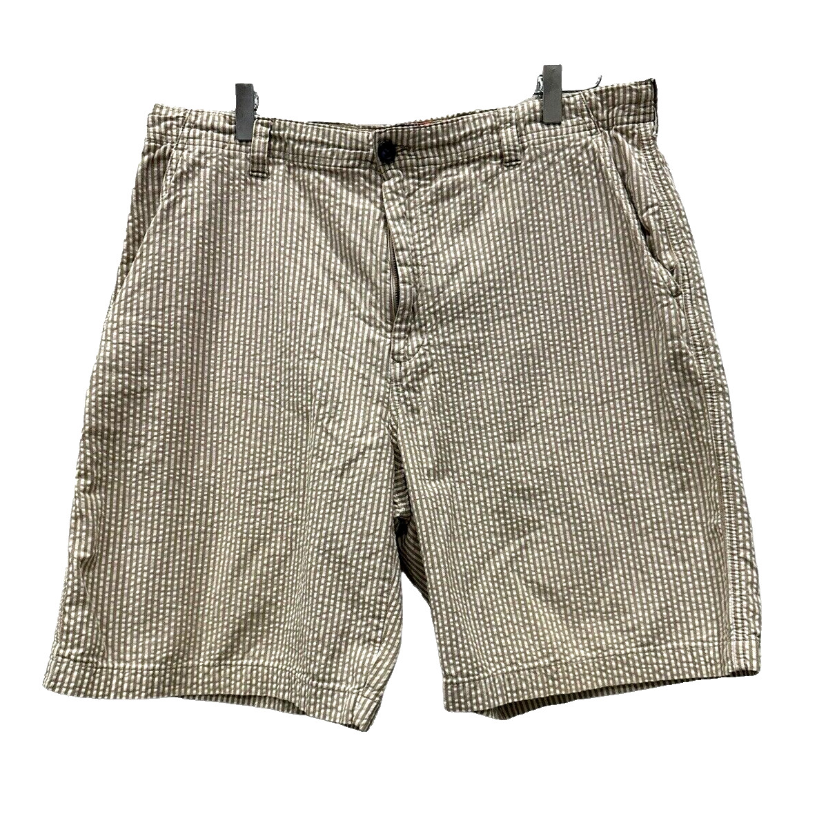 Mens IZOD Seersucker Beige and White Stripe Flat Front Cotton Shorts Size 36