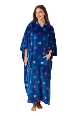 ladies poncho dressing gown LADIES SNOW FLAKE ONE SIZE FLEECE HOODED PONCHO LOUNGER SNUGGLE DRESSING  GOWN