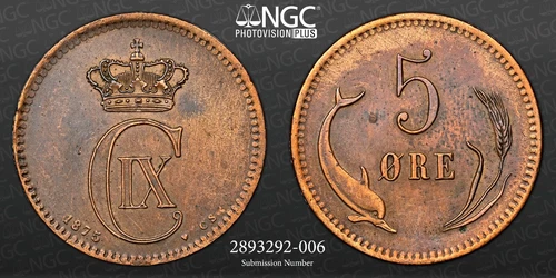 1875 Denmark 5 Ore bronze coin. (KM# 794.1).  Cleaned.  NGC graded AU Details.