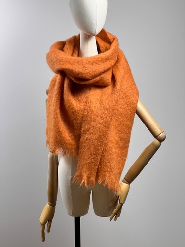 RODEBJER Mohair Wool Knit Scarf Large 214 x 43 cm Orange Fringe Trim Oversized - Picture 2 of 7